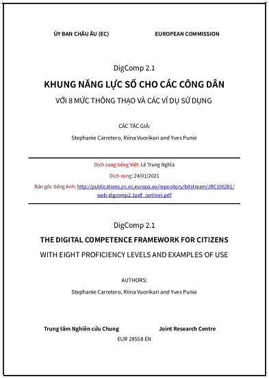 ‘DigComp 2.1. Khung năng lực số cho các công dân với 8 mức thông thạo và các ví dụ sử dụng’ - bản dịch sang tiếng Việt