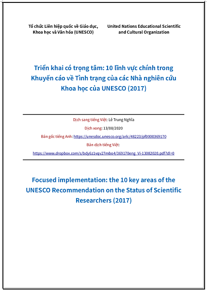 ‘Triển khai có trọng tâm: 10 lĩnh vực chính trong Khuyến cáo về Tình trạng của các Nhà nghiên cứu Khoa học của UNESCO (2017)’ - bản dịch sang tiếng Việt