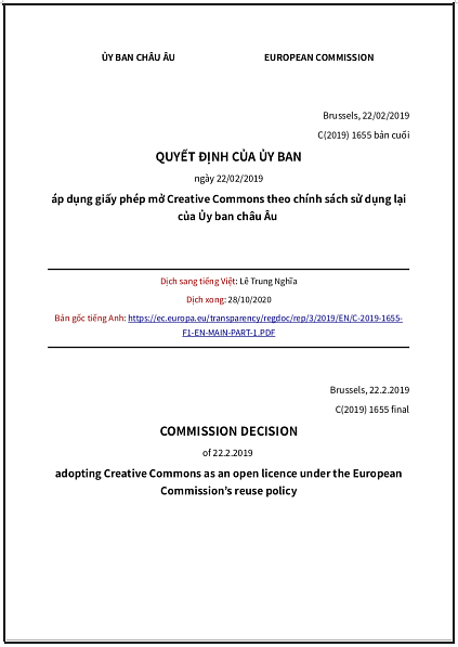 QUYẾT ĐỊNH CỦA ỦY BAN (CHÂU ÂU) ngày 22/02/2019 áp dụng giấy phép mở Creative Commons theo chính sách sử dụng lại của Ủy ban châu Âu - bản dịch sang tiếng Việt