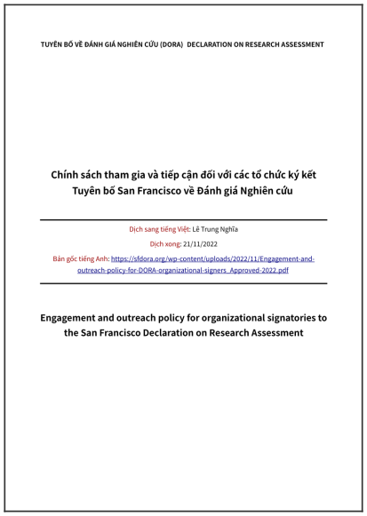 ‘Chính sách tham gia và tiếp cận đối với các tổ chức ký kết Tuyên bố San Francisco về Đánh giá Nghiên cứu’ - bản dịch sang tiếng Việt