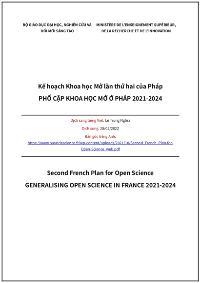 ‘Kế hoạch Khoa học Mở lần thứ 2 của Pháp: Phổ cập Khoa học Mở ở Pháp 2021-2024’ - bản dịch sang tiếng Việt