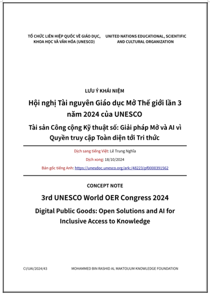 ‘LƯU Ý KHÁI NIỆM: Hội nghị Tài nguyên Giáo dục Mở Thế giới lần 3 năm 2024 của UNESCO “Tài sản Công cộng Kỹ thuật số: Giải pháp Mở và AI vì Quyền truy cập Toàn diện tới Tri thức”’ - bản dịch sang tiếng Việt