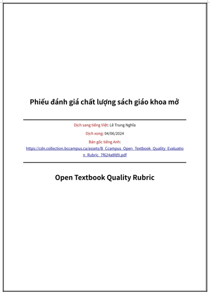 ‘Phiếu đánh giá chất lượng sách giáo khoa mở’ - bản dịch sang tiếng Việt