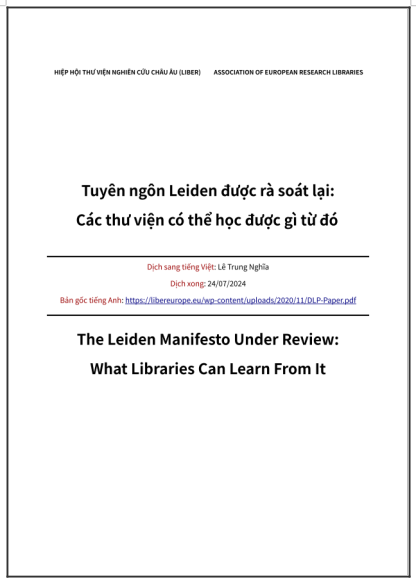‘Tuyên ngôn Leiden được rà soát lại: Các thư viện có thể học được gì từ đó’ - bản dịch sang tiếng Việt