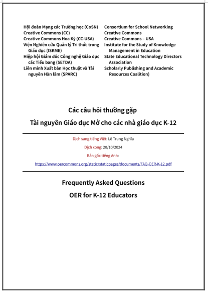 ‘Các câu hỏi thường gặp: Tài nguyên Giáo dục Mở cho các nhà giáo dục K-12’ - bản dịch sang tiếng Việt