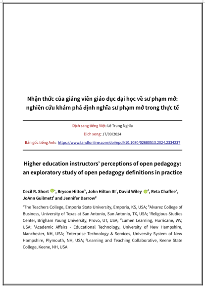 ‘Nhận thức của giảng viên giáo dục đại học về sư phạm mở: nghiên cứu khám phá định nghĩa sư phạm mở trong thực tế’ - bản dịch sang tiếng Việt