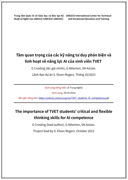 ‘Tầm quan trọng của các kỹ năng tư duy phản biện và linh hoạt về năng lực AI của sinh viên TVET’ - bản dịch sang tiếng Việt