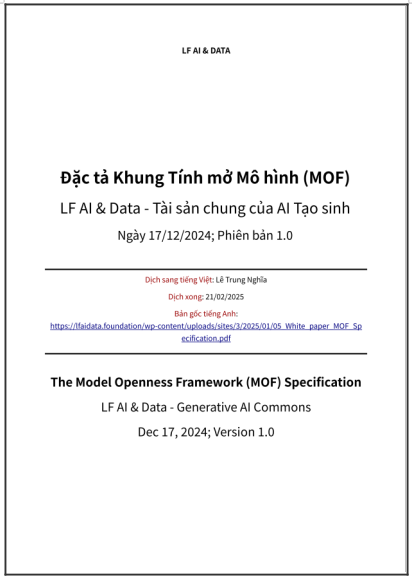 ‘Đặc tả Khung Tính mở Mô hình (MOF)’ của LF AI & Data - Tài sản chung của AI Tạo sinh - bản dịch sang tiếng Việt