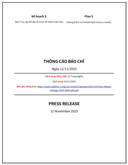 Thông cáo báo chí của Liên minh S về Truy cập Mở trong giai đoạn 2026-2030 - bản dịch sang tiếng Việt