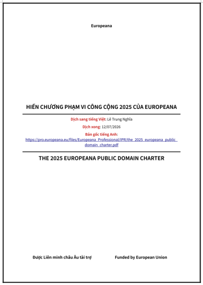 ‘HIẾN CHƯƠNG PHẠM VI CÔNG CỘNG 2025 CỦA EUROPEANA’ - bản dịch sang tiếng Việt